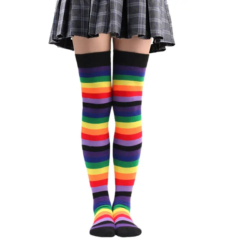 Polyester Colorful Rainbow Striped Long Socks Dark Blue
