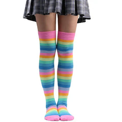 Polyester Colorful Rainbow Striped Long Socks Ligth Blue