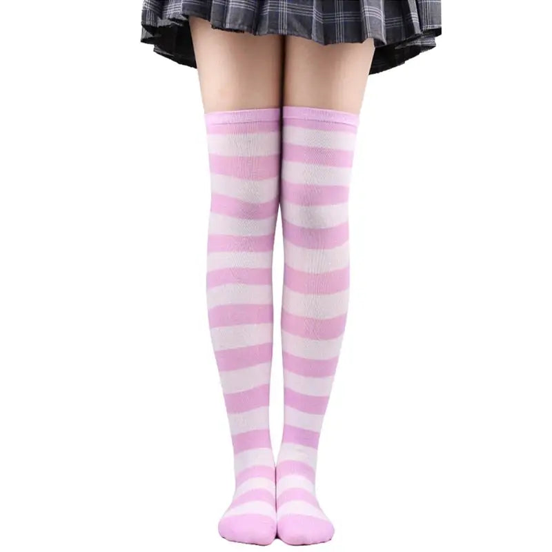 Polyester Colorful Rainbow Striped Long Socks Pink-White