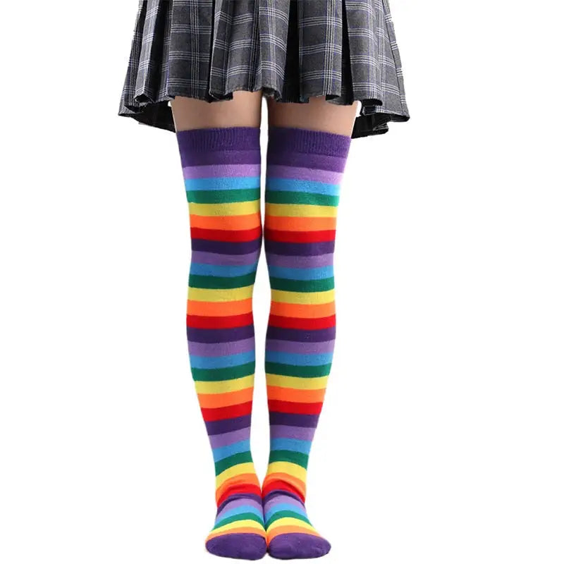 Polyester Colorful Rainbow Striped Long Socks Purple