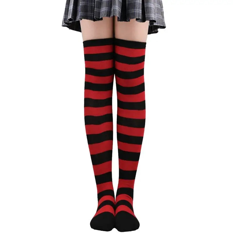 Polyester Colorful Rainbow Striped Long Socks Red-Black