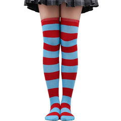 Polyester Colorful Rainbow Striped Long Socks Red-Blue