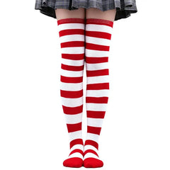 Polyester Colorful Rainbow Striped Long Socks Red-White