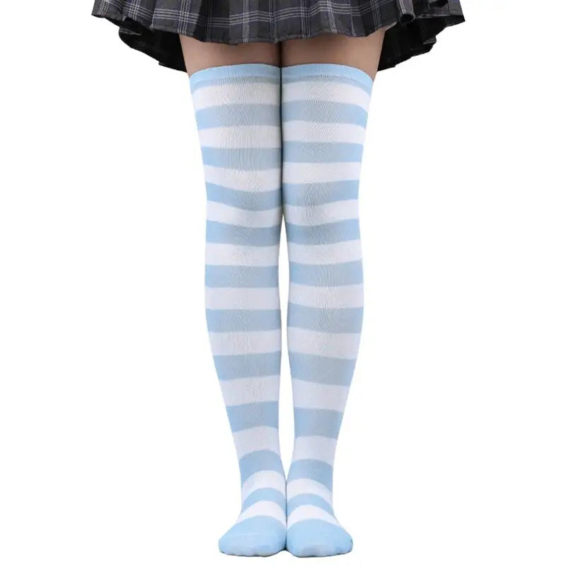 Polyester Colorful Rainbow Striped Long Socks White-Blue.