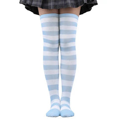Polyester Colorful Rainbow Striped Long Socks White-Blue.
