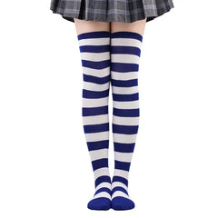 Polyester Colorful Rainbow Striped Long Socks White-Blue