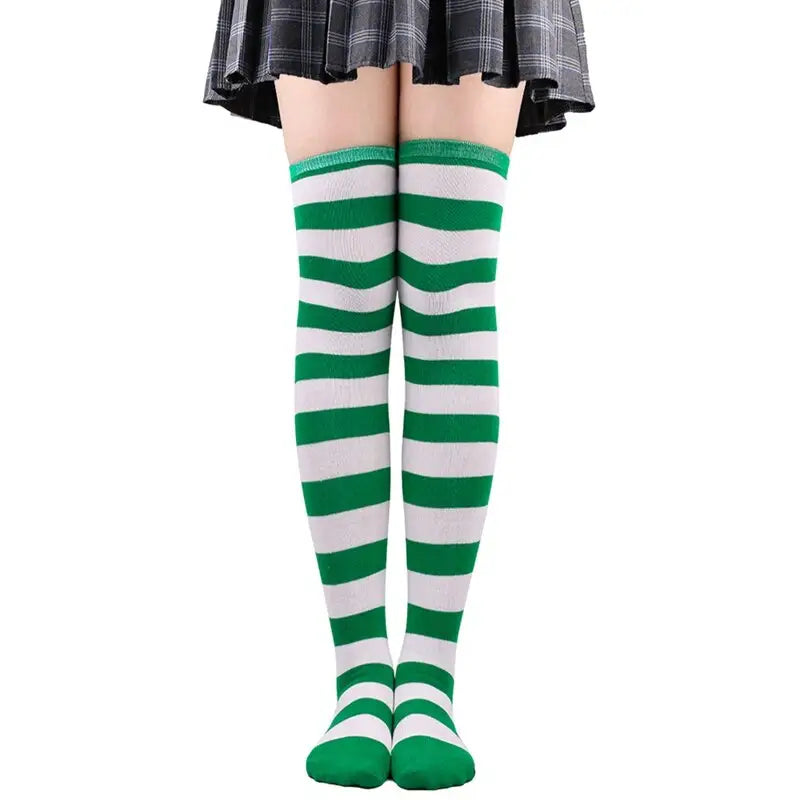 Polyester Colorful Rainbow Striped Long Socks White-Green