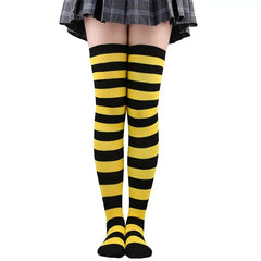 Polyester Colorful Rainbow Striped Long Socks Yellow-Black