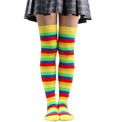 Polyester Colorful Rainbow Striped Long Socks Yellow