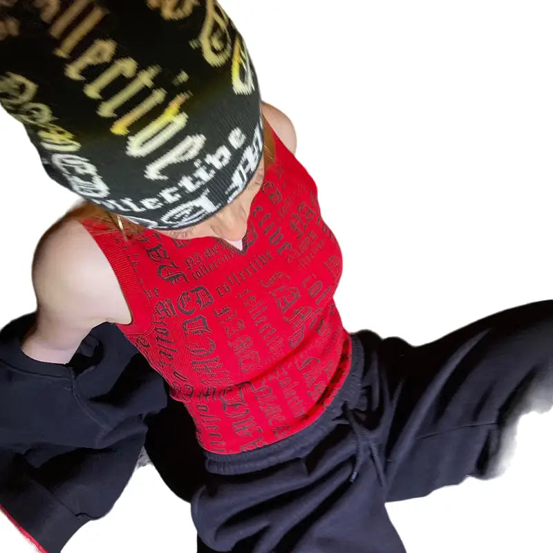 Polyester Cotton Gothic Letters Tank Top Red / S