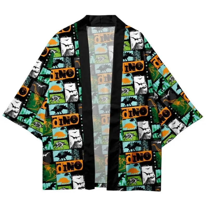 Polyester Dinosaur Cartoon Loose Kimono Blue Green Orange