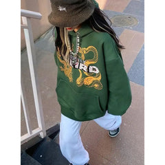 Polyester Dragon and Snake Print Hoodie Green / S