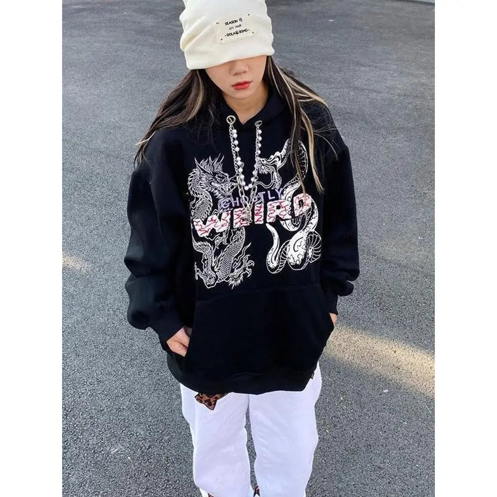 Polyester Dragon and Snake Print Hoodie