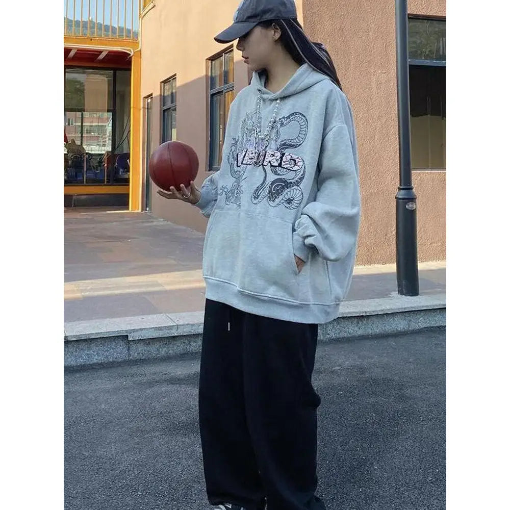 Polyester Dragon and Snake Print Hoodie