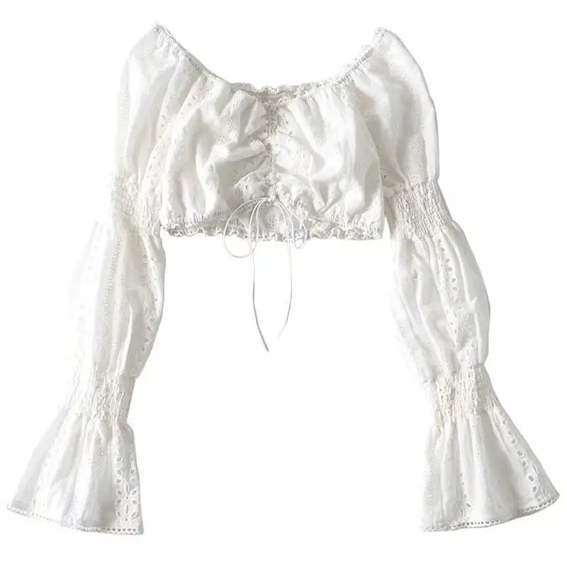 Polyester Fabric Long-Sleeved Crop Top Lace Up