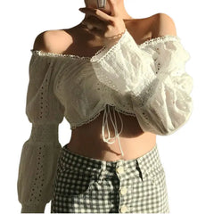 Polyester Fabric Long-Sleeved Crop Top Lace Up
