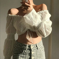 Polyester Fabric Long-Sleeved Crop Top Lace Up White / S