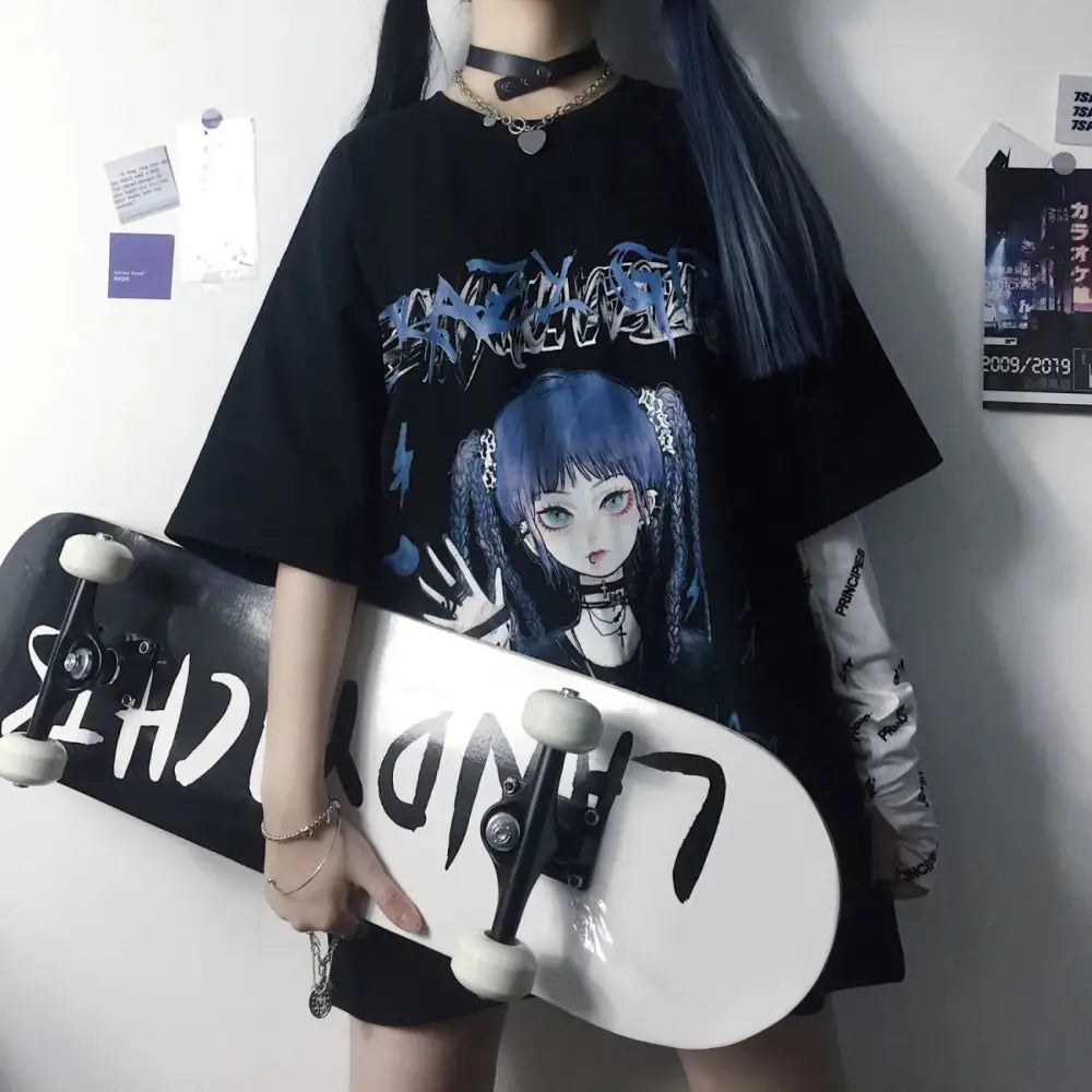 Polyester Gothic Anime Girl Loose T-Shirt