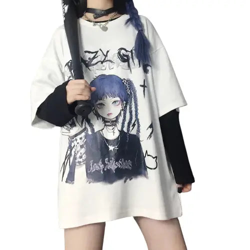 Polyester Gothic Anime Girl Loose T-Shirt