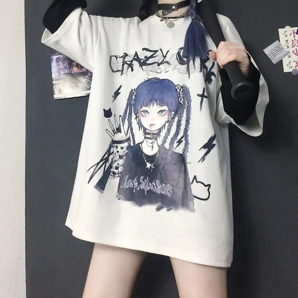 Polyester Gothic Anime Girl Loose T-Shirt