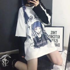 Polyester Gothic Anime Girl Loose T-Shirt white / S