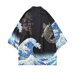 Polyester Harajuku Aesthetic Japanese Kimono Black Blue