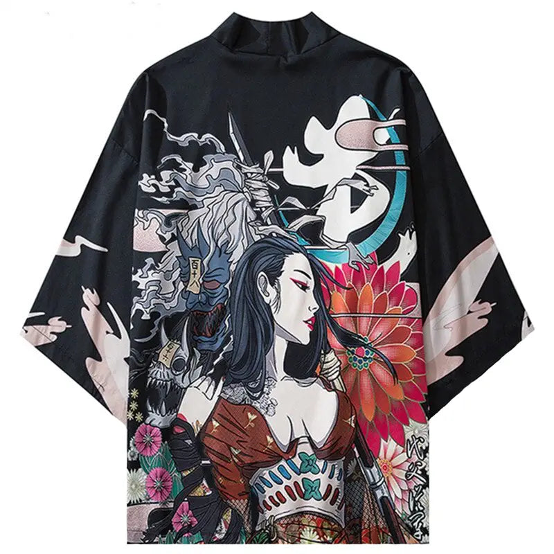Polyester Harajuku Aesthetic Japanese Kimono Black Blue