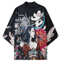 Polyester Harajuku Aesthetic Japanese Kimono Black Blue