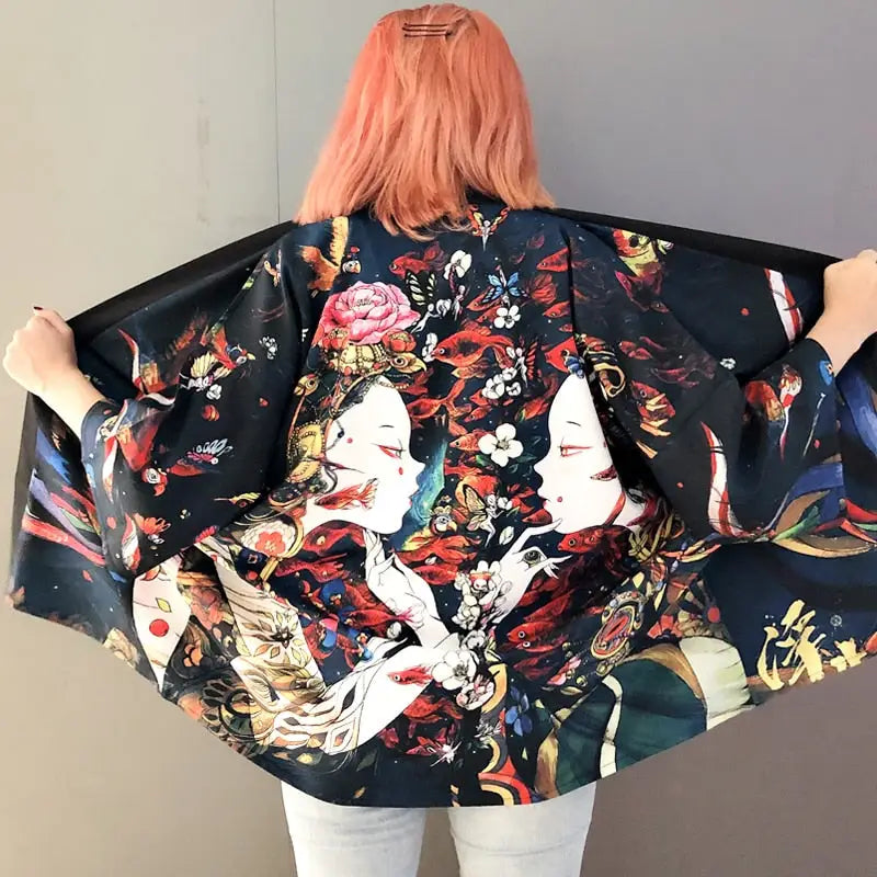 Polyester Harajuku Aesthetic Japanese Kimono Black Orange