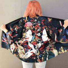 Polyester Harajuku Aesthetic Japanese Kimono Black Orange