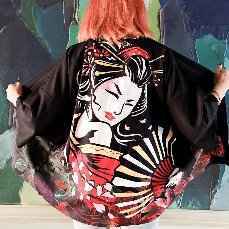Polyester Harajuku Aesthetic Japanese Kimono Black Red