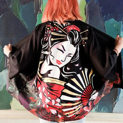 Polyester Harajuku Aesthetic Japanese Kimono Black Red