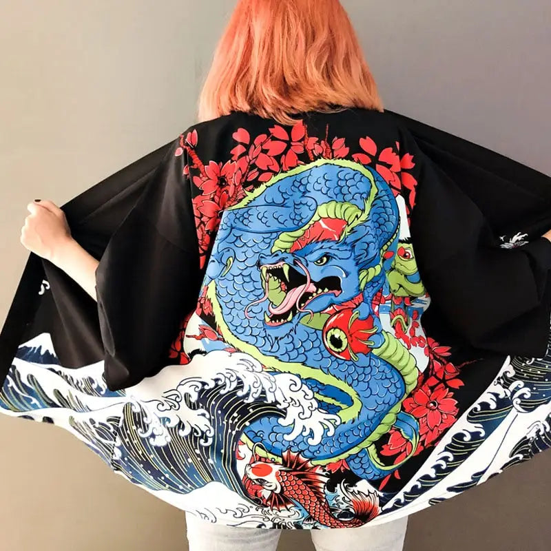 Polyester Harajuku Aesthetic Japanese Kimono Blue Red