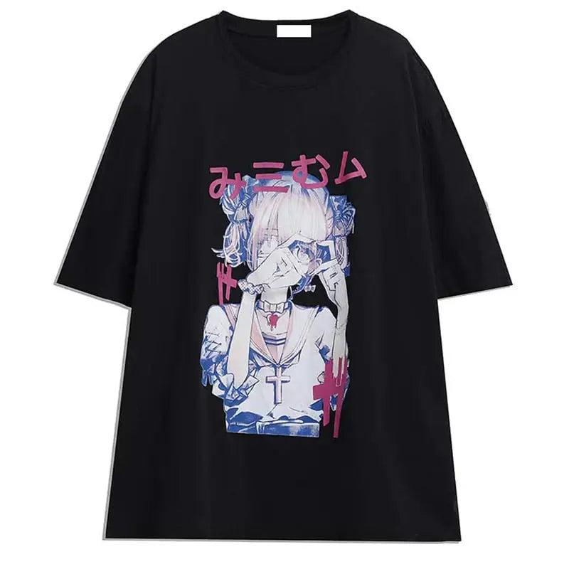 Polyester Harajuku Anime Doll Baggy T Shirt Black / XS