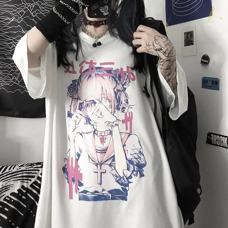 Polyester Harajuku Anime Doll Baggy T Shirt