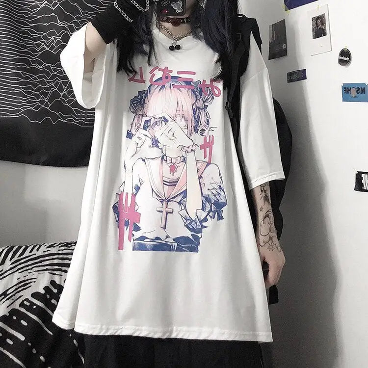 Polyester Harajuku Anime Doll Baggy T Shirt