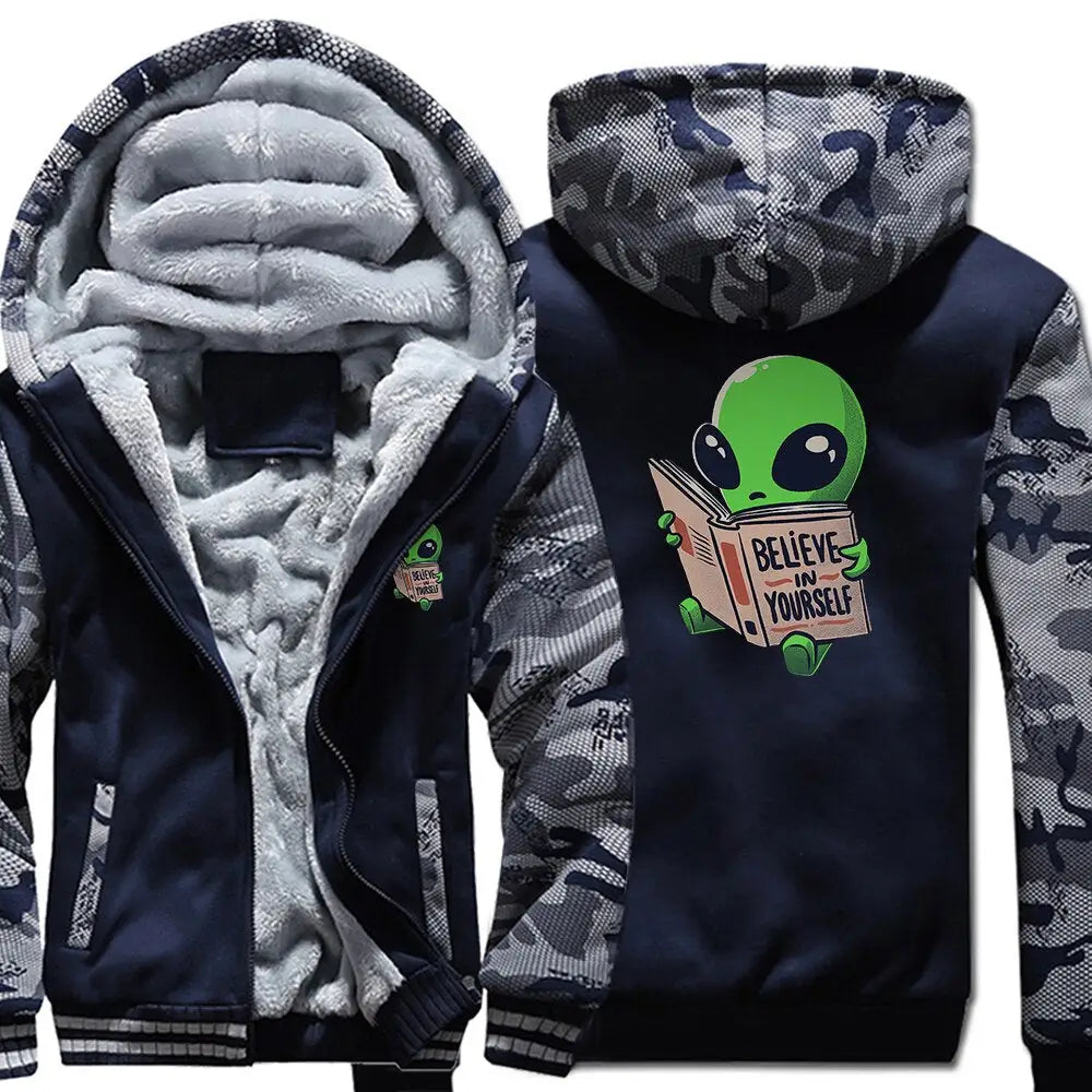 Polyester Hoodie Alien Reading Book Warm Two-Tone Design