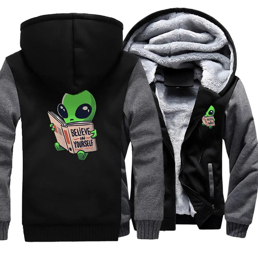 Polyester Hoodie Alien Reading Book Warm Two-Tone Design