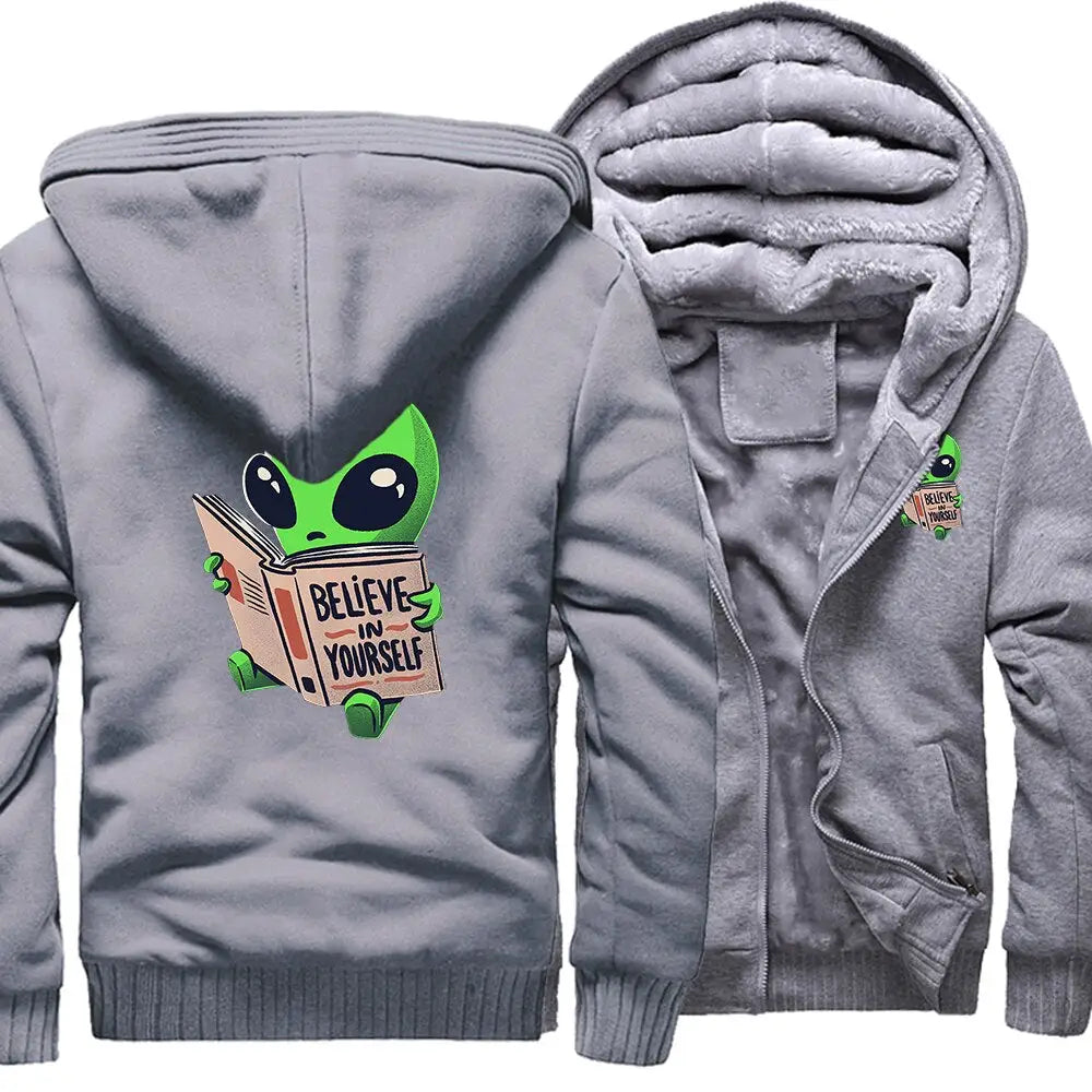 Polyester Hoodie Alien Reading Book Warm Two-Tone Design