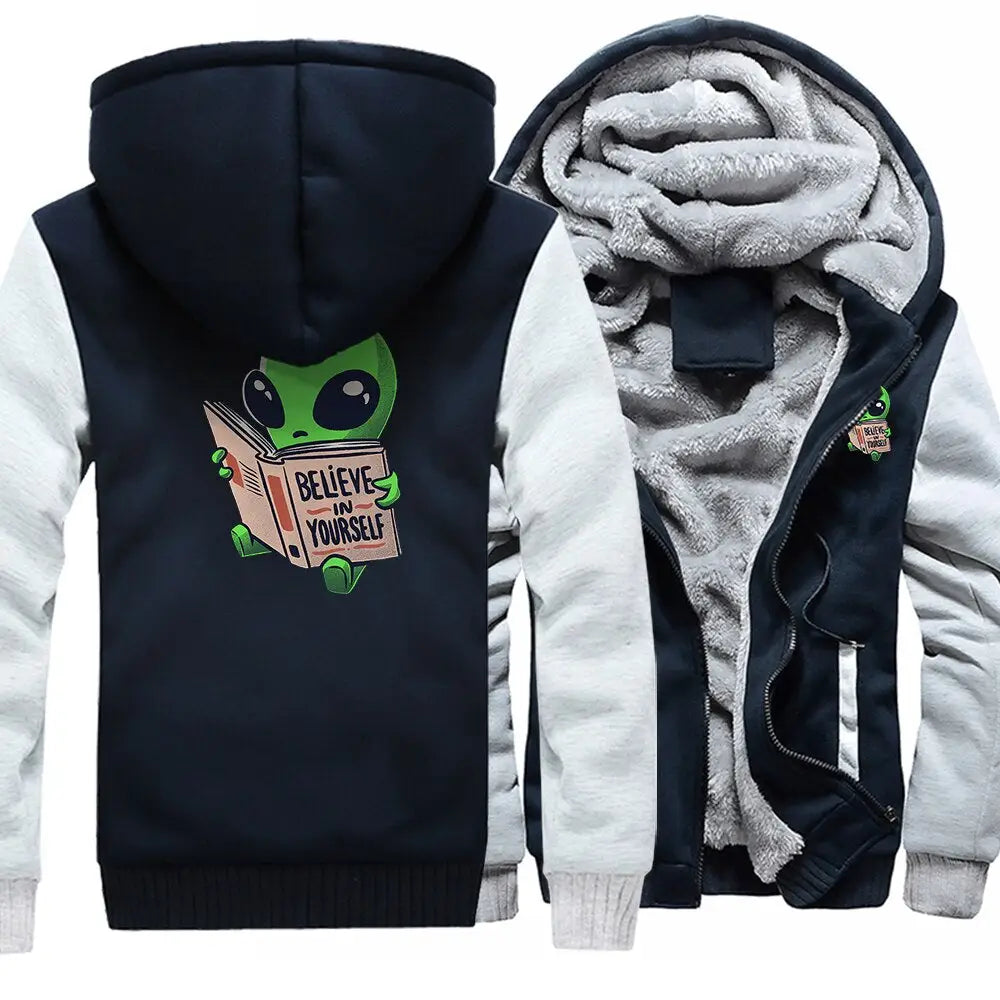 Polyester Hoodie Alien Reading Book Warm Two-Tone Design