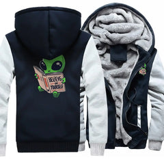 Polyester Hoodie Alien Reading Book Warm Two-Tone Design