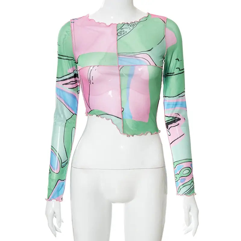 Polyester Irregular Cut Long-Sleeve Crop Top