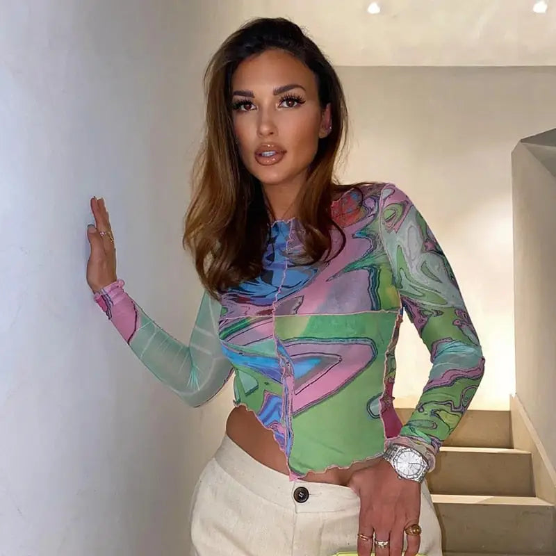 Polyester Irregular Cut Long-Sleeve Crop Top