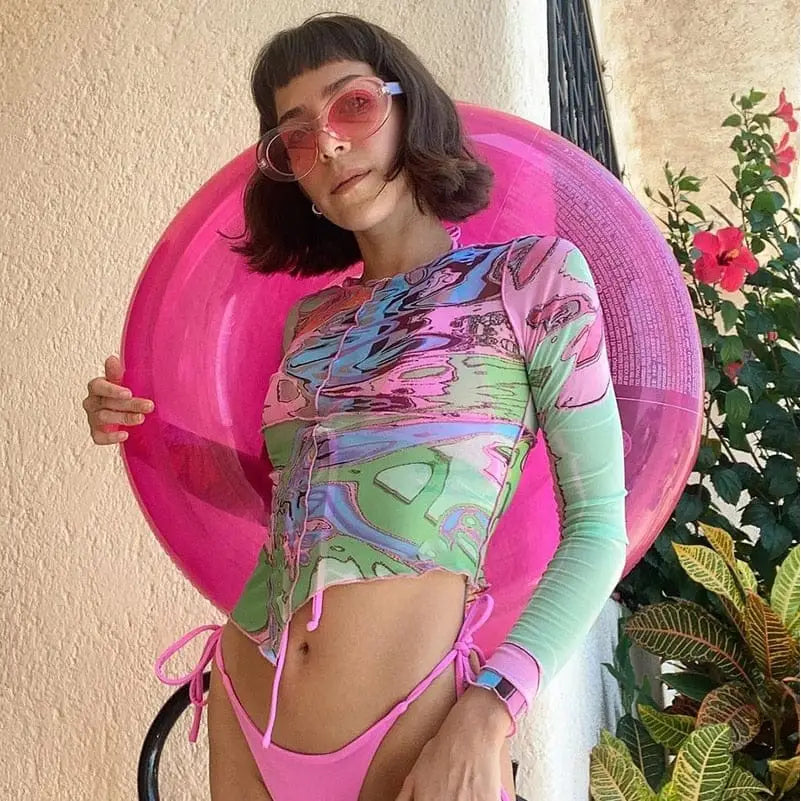 Polyester Irregular Cut Long-Sleeve Crop Top Mixed Color / S