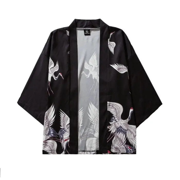 Polyester Kimono Cranes Flying Japanese Style 3/4 Sleeve