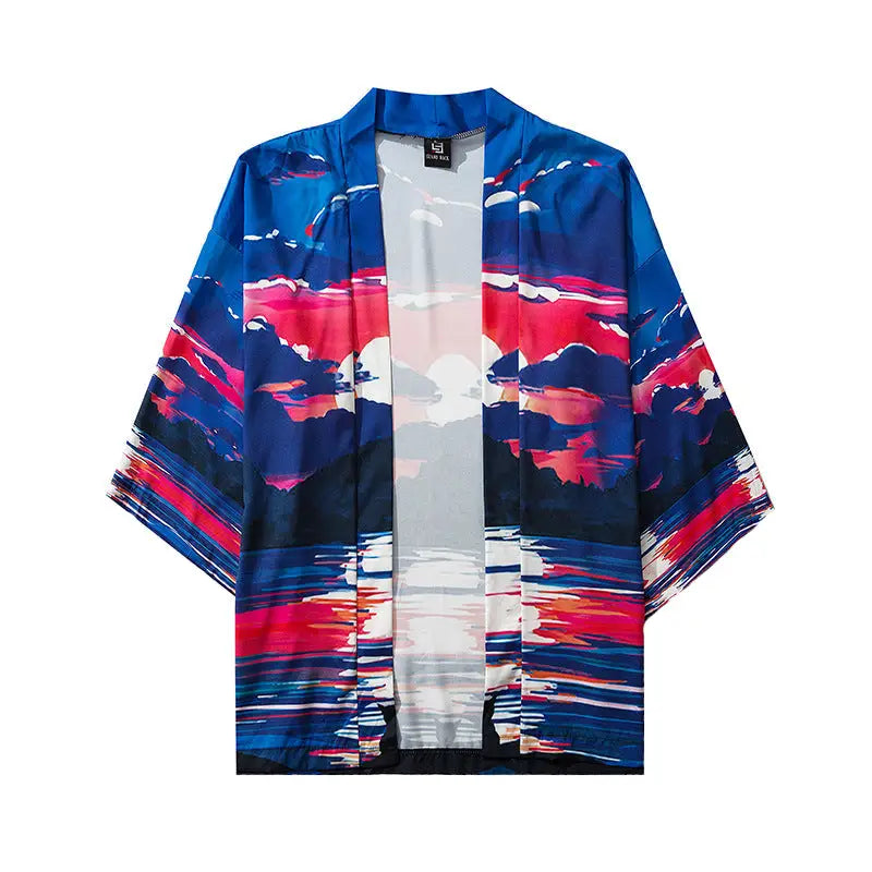 Polyester Kimono Japanese Ocean Sunset 3/4 Sleeve