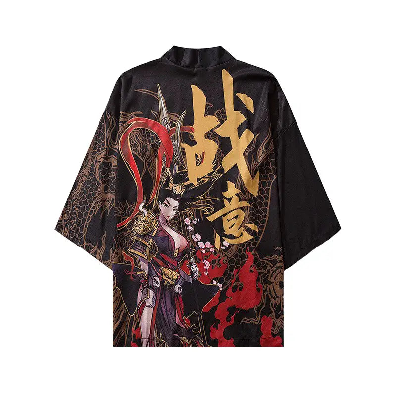 Polyester Kimono Kanji Samurai Girl Three Quarter Sleeve