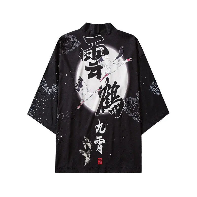 Polyester Kimono with Kanji Japanese Cranes 3/4 Sleeve