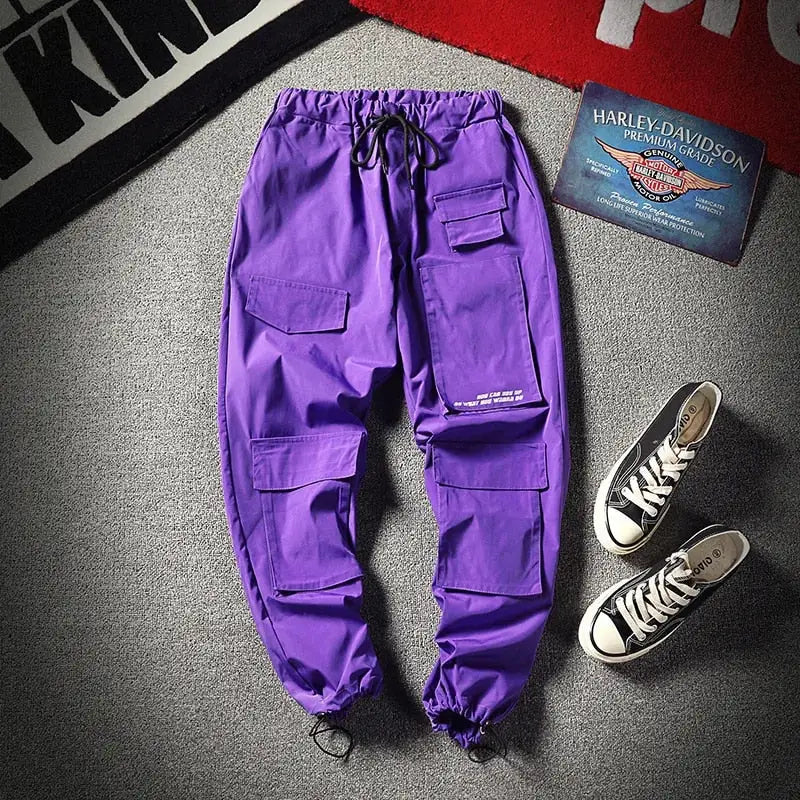 Polyester Loose Cargo Pants with Multiple Pockets S / Purple