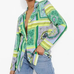 Polyester Mandalas Long Sleeve Blazer Green / S